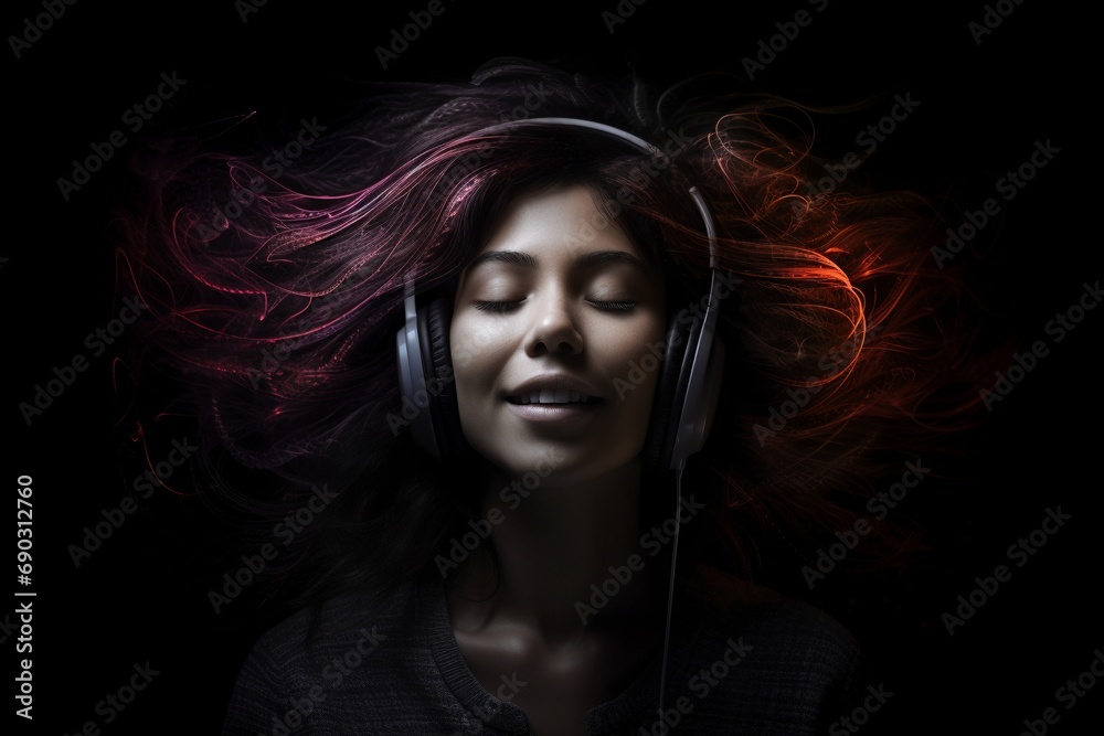 Vivid Audio Journey: Woman Enjoying the Flow of Music with Vibrant Color Vibes and Dynamic Light Effects