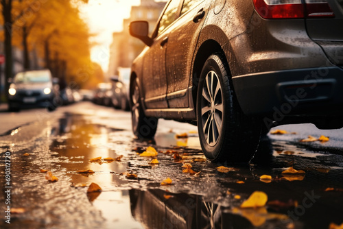 Autumn Spring travel. Concept of driving and driving safety. Close-up side view of car wheels with rainy tires on a wet road with sun light