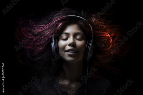 Vivid Audio Journey: Woman Enjoying the Flow of Music with Vibrant Color Vibes and Dynamic Light Effects