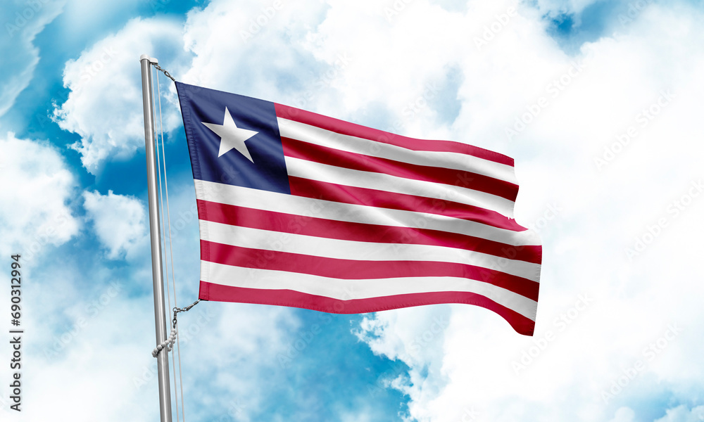 Liberia flag waving on sky background. 3D Rendering