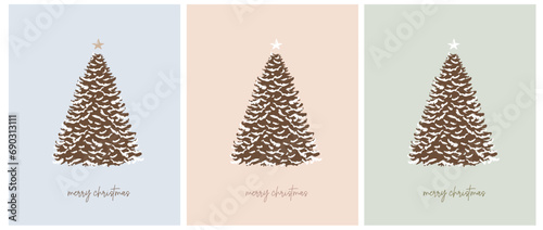 Merry Christmas Vector Card. White-Brown Christmas Tree with Star isolated on a Light Blue, Beige and Pastel Green Background. Christmas Illustration.Snowy Spruce Tree with Star.Simple Xmas Print.RGB.