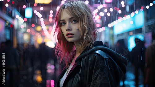 A futuristic depiction of a 24-year-old white girl in a high-tech environment. Experiment with advanced technology, neon lights, and a sleek, minimalist aesthetic. 
