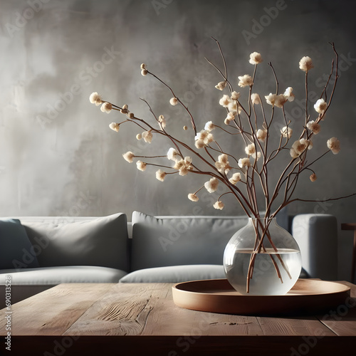Contemporary Elegance: Glass Vase on wood table with Branch on Concrete Background in living room photo