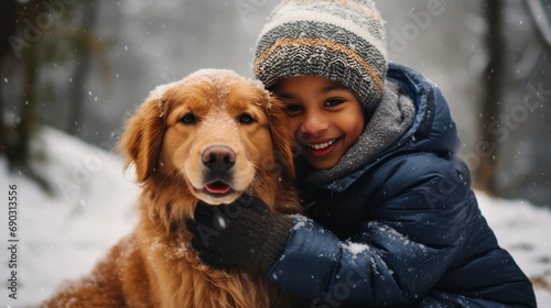 A small black boy hugs his pet golden retriever. Winter activity holidays generative ai
