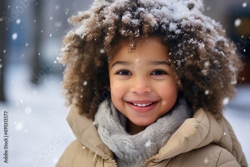 Snowflakes' Dance: Joyful Winter Play for a 4-Year-Old African American Girl in Cozy Attire © hisilly