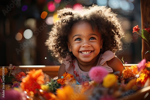 Dancing in Sunshine: African American Girl's Joyful Laughter amidst Vibrant Flowers, Expressing Childhood's Pure Movement in a Sunny Park's Natural Embrace.