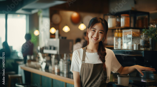 A young and cheerful Asian woman, a proud cafe owner who also works as a barista with a warm smile