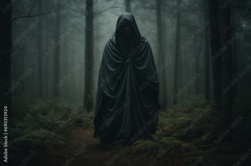 Spectral Figure in Enchanted Woods: Eerie Stock Image of a Ghostly Entity Draped in a Black Robe, Creating a Haunting Atmosphere in a Dark and Mystical Forest Setting.