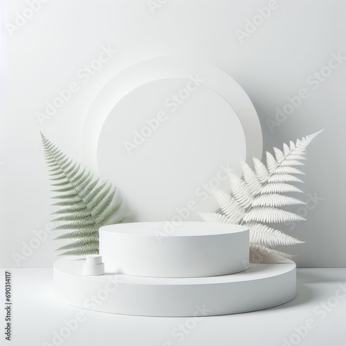 Modern white podium with green and white ferns, ideal for product display, set against a white background.