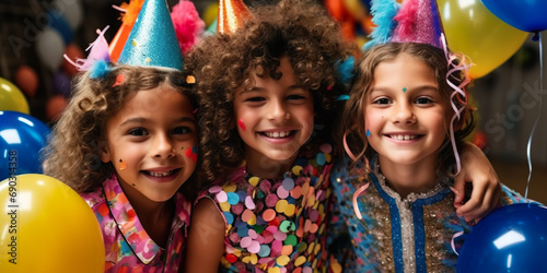 Three children with balloons, party hats and confetti, celebrating birthday