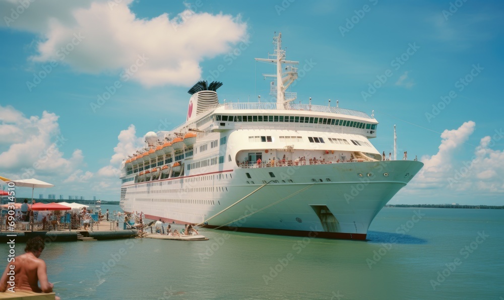 Amazing giant cruise ship in ocean, beautiful blue sky. Summer holiday theme