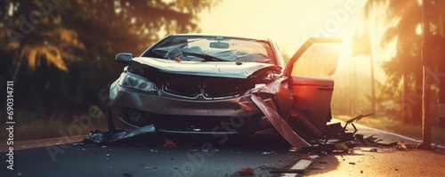 Damaged car on the road after car accident photo