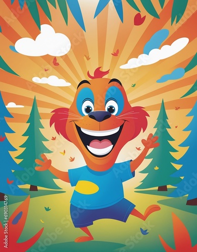 Comic book style illustration of a funny, jumping and dancing animal character with a mischievous grin.