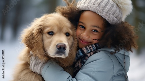 A small black girl hugs her pet golden retriever. Winter activity holidays generative ai