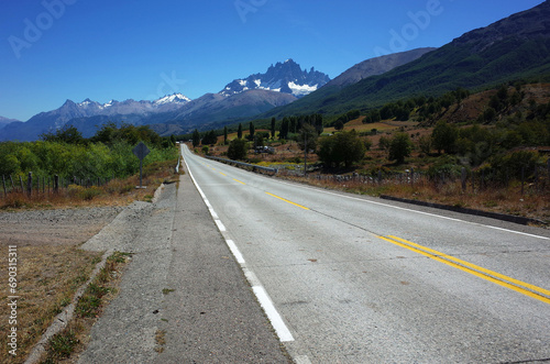 The Carretera Austral legendary highway (Ruta 7 ) passes through the Cerro Castillo National Park in southern Chile with view of Serro Castillo mountain, Patagonia photo