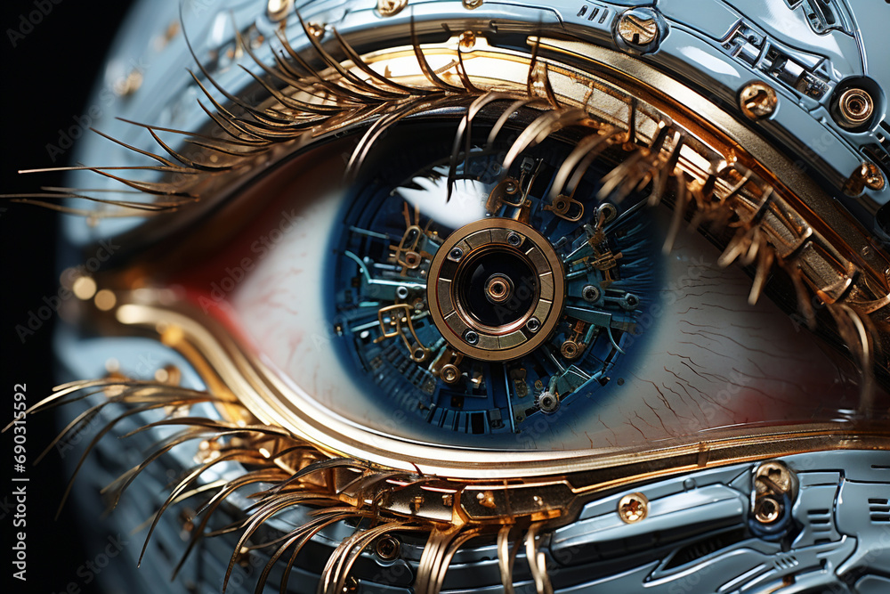 Programmed сlose up metal cyber electronic eye surveillance security with lights glares laser circuit, high technologies. Futuristic robotic human cyber electronic scanning eye digital vision concept