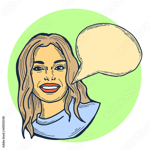 Beautiful young woman talk. Empty speech bubble for sale promotion, text background, quotes. Hand drawn illustration, cartoon comic style.