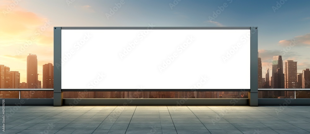 Advertising blank horizontal billboard in a city with skyline in the background copy space for your text message or media content, advertisement, commercial and marketing concept Advertising blank horizontal billboard in a city with skyline in the background copy space for your text message or media content, advertisement, commercial and marketing concept