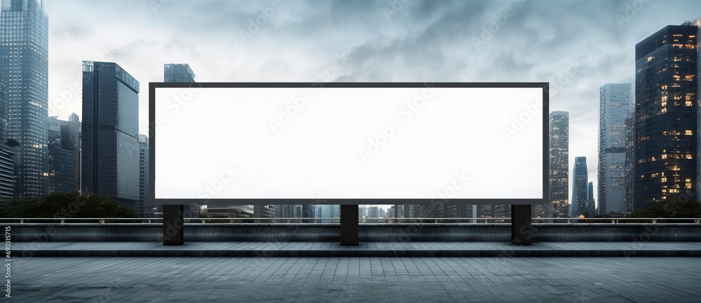 Advertising blank horizontal billboard in a city with skyline in the background copy space for your text message or media content, advertisement, commercial and marketing concept Advertising blank horizontal billboard in a city with skyline in the background copy space for your text message or media content, advertisement, commercial and marketing concept