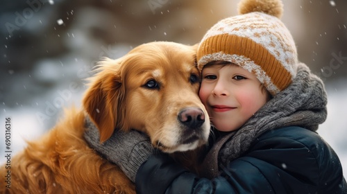  A small white boy hugs his pet golden retriever. Winter activity holidays generative ai
