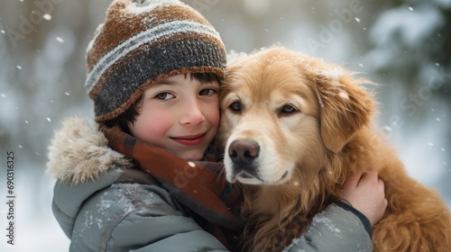  A small white boy hugs his pet golden retriever. Winter activity holidays generative ai