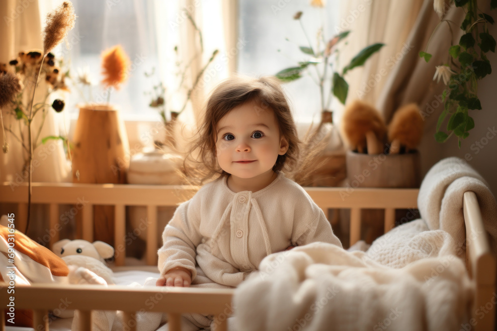 An adorable baby sits in her crib, surrounded by a cozy crib and playful blankets in her nursery An adorable baby sits in her crib, surrounded by a cozy crib and playful blankets in her nursery