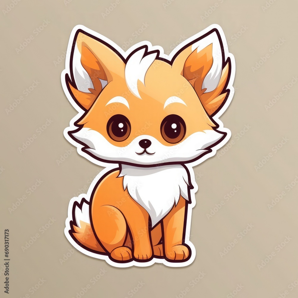 Obraz premium Sticker with die-cut in the form of a fox with big eyes, kawaii color background, pastel colors