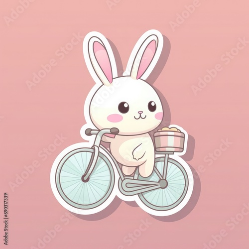 Sticker with die-cut in the form of a rabbit on a bicycle  kawaii color background  pastel colors