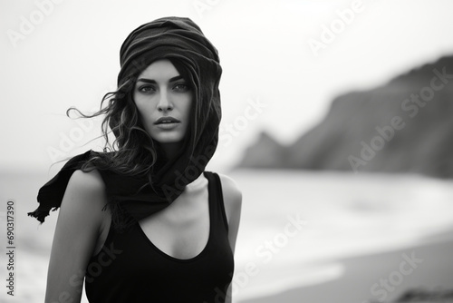 Woman Wearing Headscarf on a Beach in Black and White photo