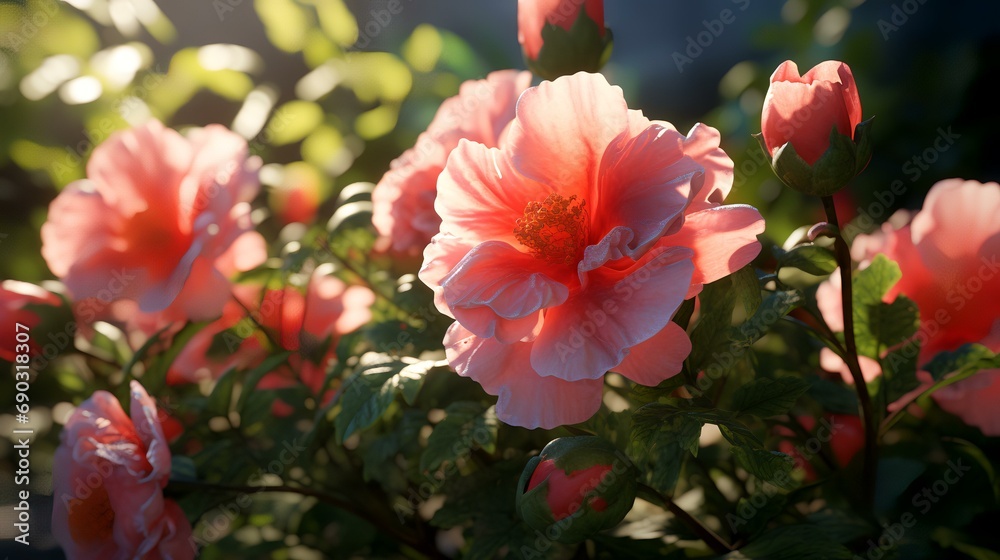 Pink hibiscus flowers blooming in the garden with sunlight