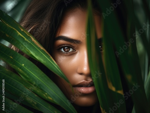 portrait of a beautiful tropical woman looking out of tropical leaves