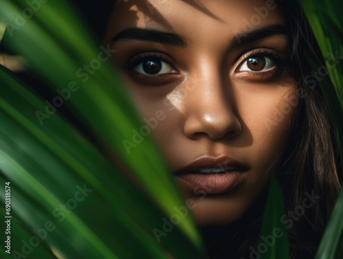 portrait of a beautiful tropical woman looking out of tropical leaves
