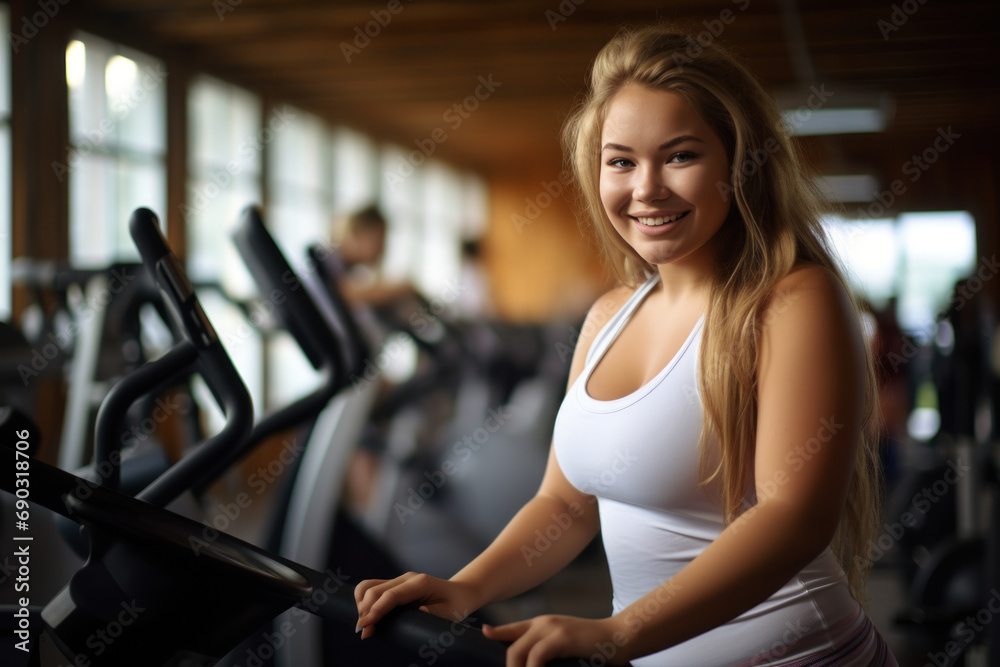 Obraz premium Happy fat woman wearing sports clothes exercising in the gym. Smiling beautiful fat woman training in the gym Healthy Life Coaching, Calories, Health Care, Diet and Weight Loss