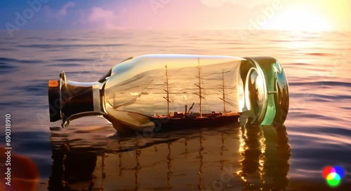glass bottle with a ship inside it on the water, in the style of digital art wonders, meticulous realism
