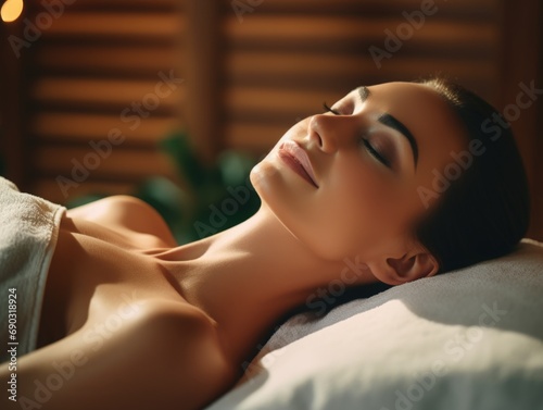 Relaxed woman lying on spa bed for facial and head mask
