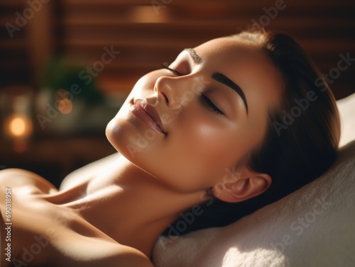 Relaxed woman lying on spa bed for facial and head mask 