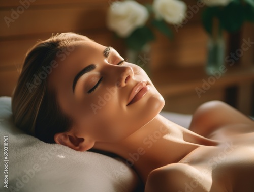 Relaxed woman lying on spa bed for facial and head mask
