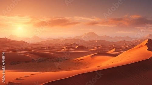 A breathtaking desert landscape, with towering sand dunes stretching as far as the eye can see, bathed in the warm hues of a setting sun.