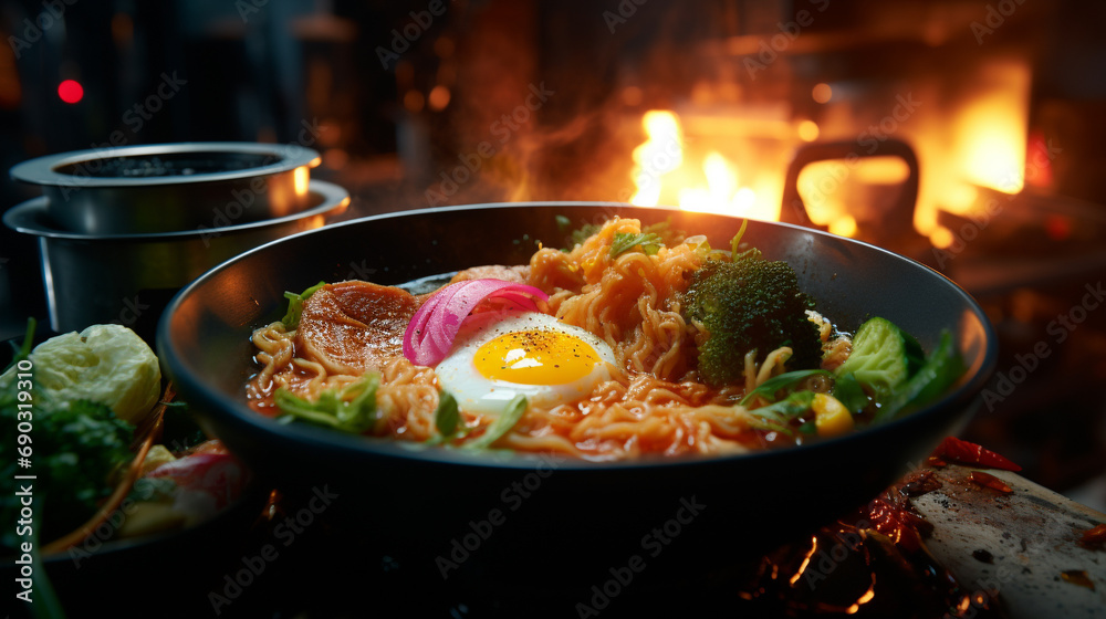 Steaming bowl of ramen with vibrant toppings, AI Generated