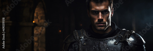 Brooding Gothic knight portrait, full black armor, standing in a medieval stone castle, flickering torchlight