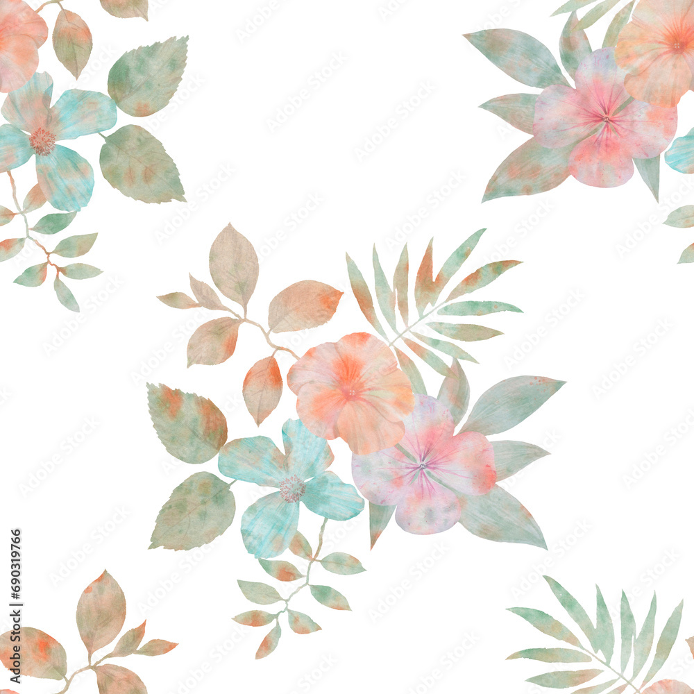 abstract seamless pattern, watercolor flowers on a white background for the design of wallpaper, wrapping paper, cards