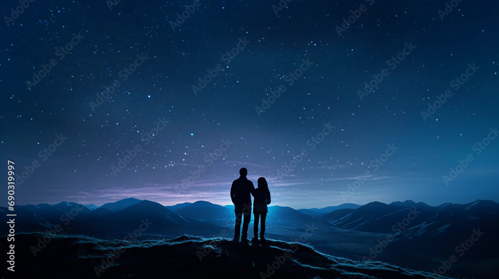Starlit mountain gaze, couple under the cosmos, clear night sky, Milky Way backdrop