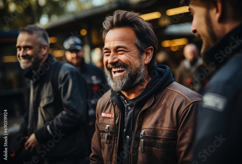 Amidst a bustling street, a man with a warm smile and a leather jacket stands out, his facial hair adding character to his human face as he laughs joyfully in the midst of a crowd photo