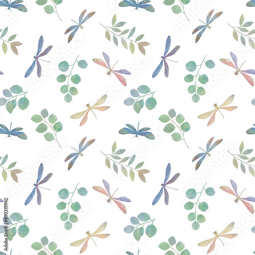 delicate watercolor dragonflies in botanical seamless pattern, illustration for wallpaper design, wrapping paper, print, greeting cards.