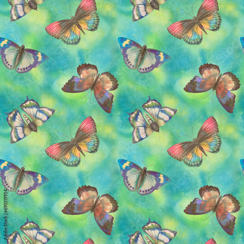 seamless botanical pattern, colorful butterflies on abstract green background, delicate watercolor illustration for packaging design