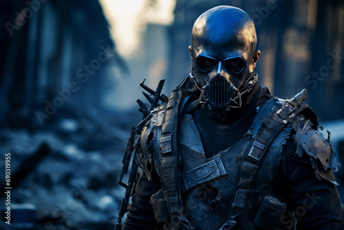 Post-apocalyptic Gothic warrior portrait, scarred face, dark tactical gear, backdrop of a ruined cityscape © Marco Attano