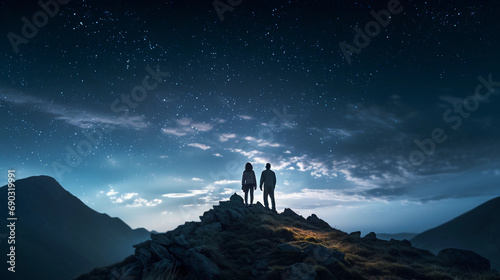 Starlit mountain gaze  couple under the cosmos  clear night sky  Milky Way backdrop