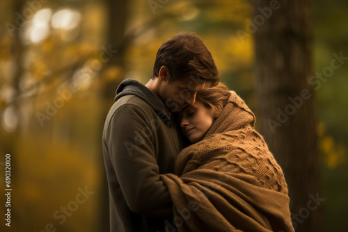 Autumnal embrace, couple in a forest of golden leaves, soft woolen blankets, crisp air