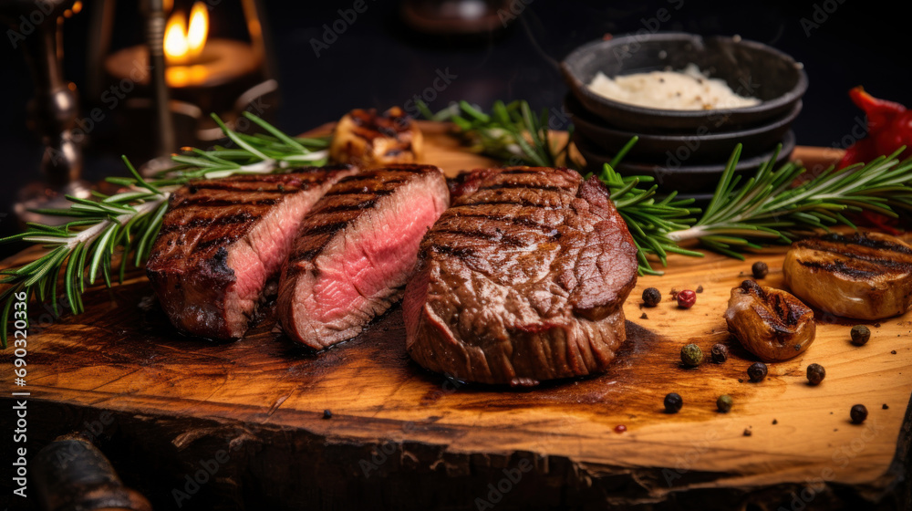 Close-up of medium rare beef and steak slices on a wooden board and rosemary on a wooden background. Close-up of medium rare beef and steak slices on a wooden board and rosemary on a wooden background.