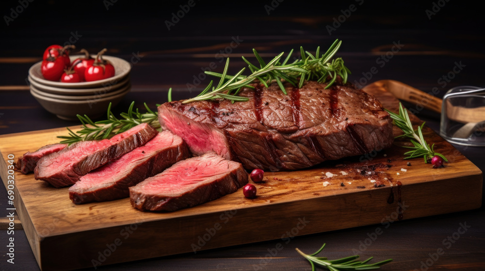 Close-up of medium rare beef and steak slices on a wooden board and rosemary on a wooden background.